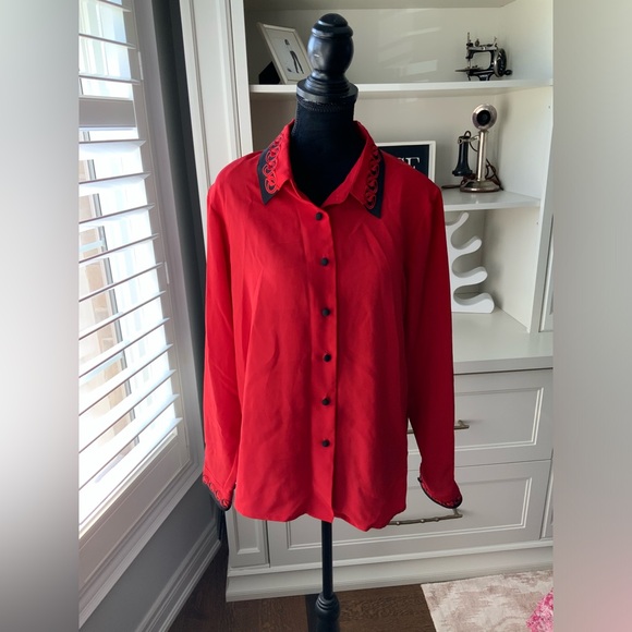 Vintage 80’S YVES ST. CLAIR Red & Black Long Sleeve Blouse Women’s Size Large - Picture 11 of 14